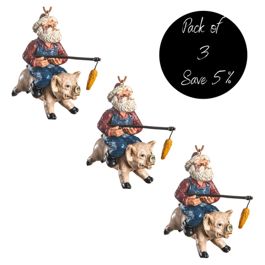 Santa With Pig Ornament | Pack of 3 | Perfect Ornament For Nebraskan | Expertly Handcrafted | Made in Lincoln, NE | Bert Anderson Collection