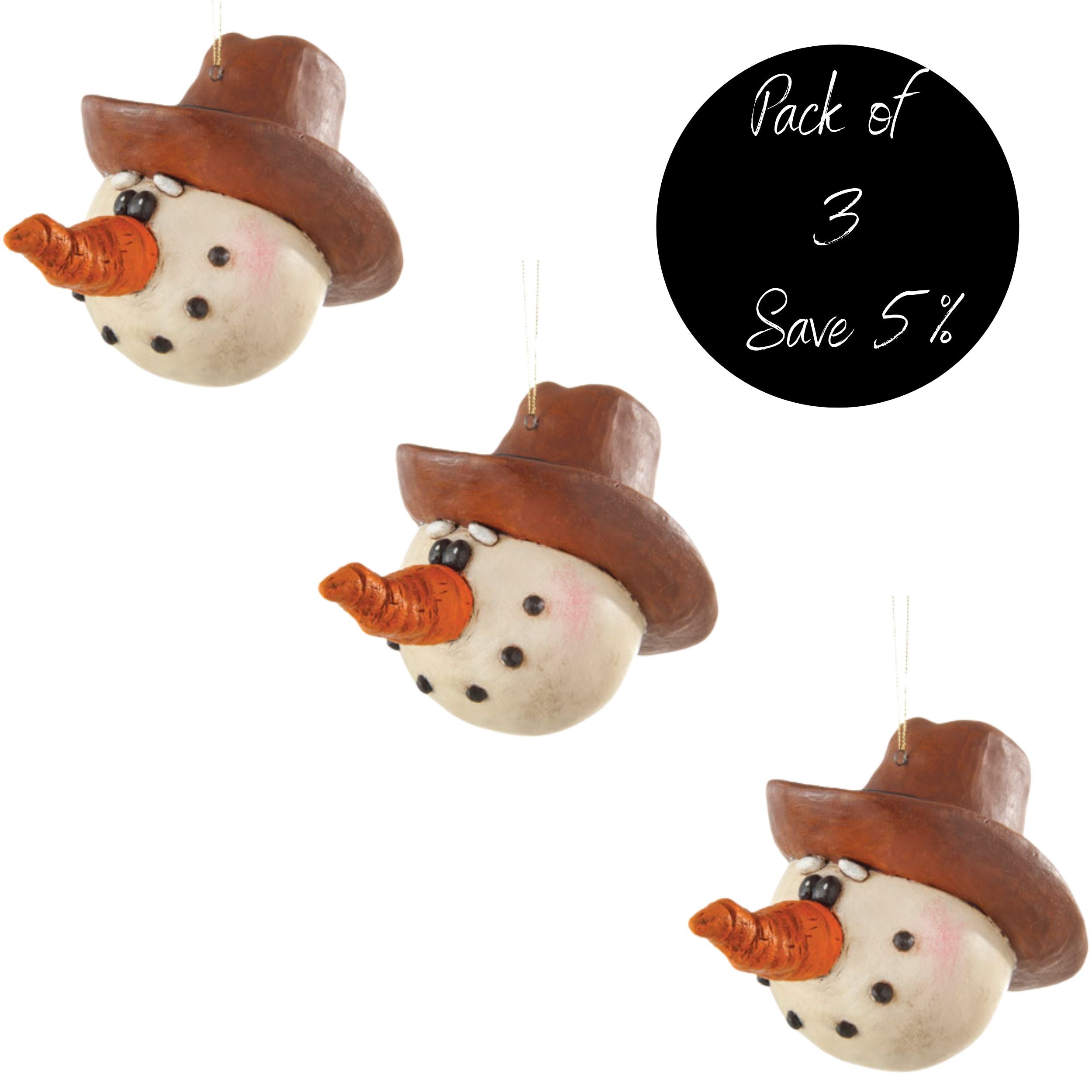 Pack of 3, Cowboy Snowman Head Ornament