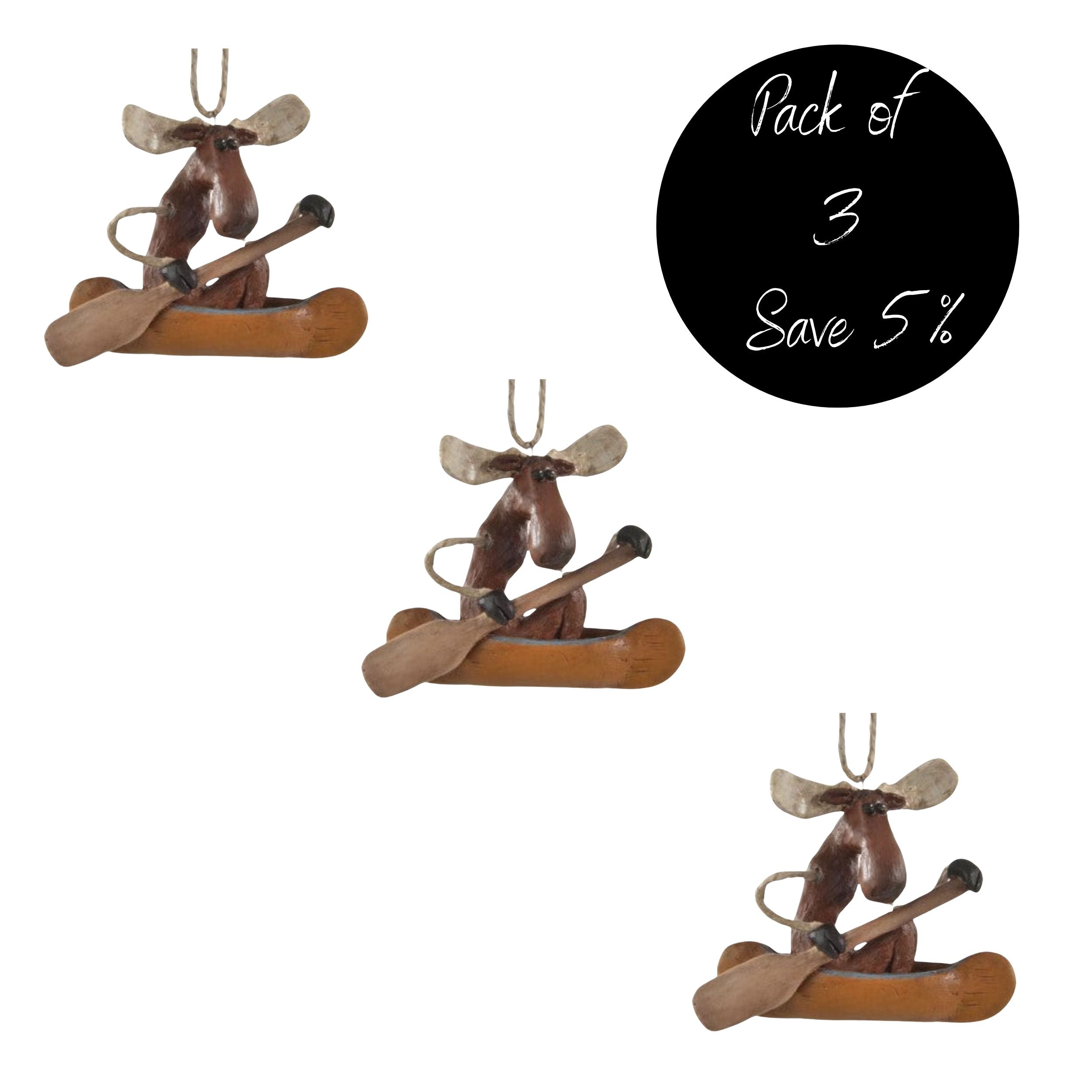 Pack of 3, Moose in a Canoe Ornament