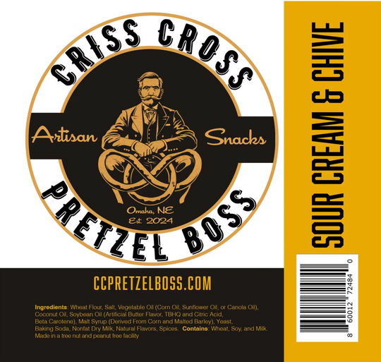 Pretzel Boss snack packaging with branding and product details.