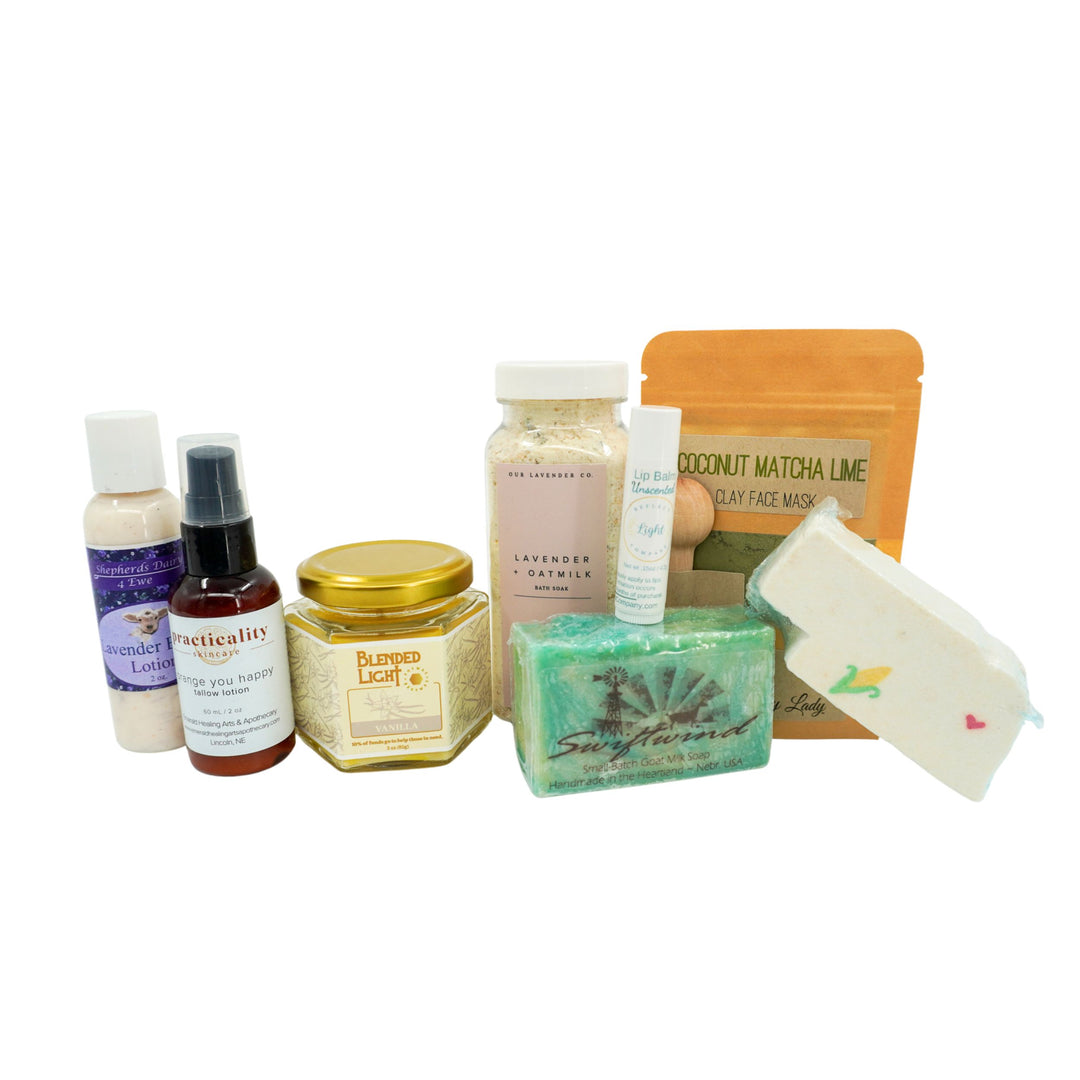 Collection of various skincare and wellness products on a white background