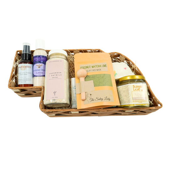 Basket of skincare and wellness products on a white background