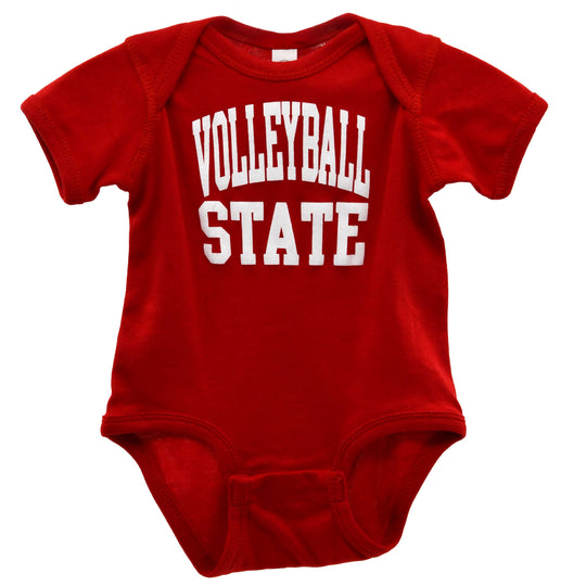 Red baby onesie with 'Volleyball State' text on a white background