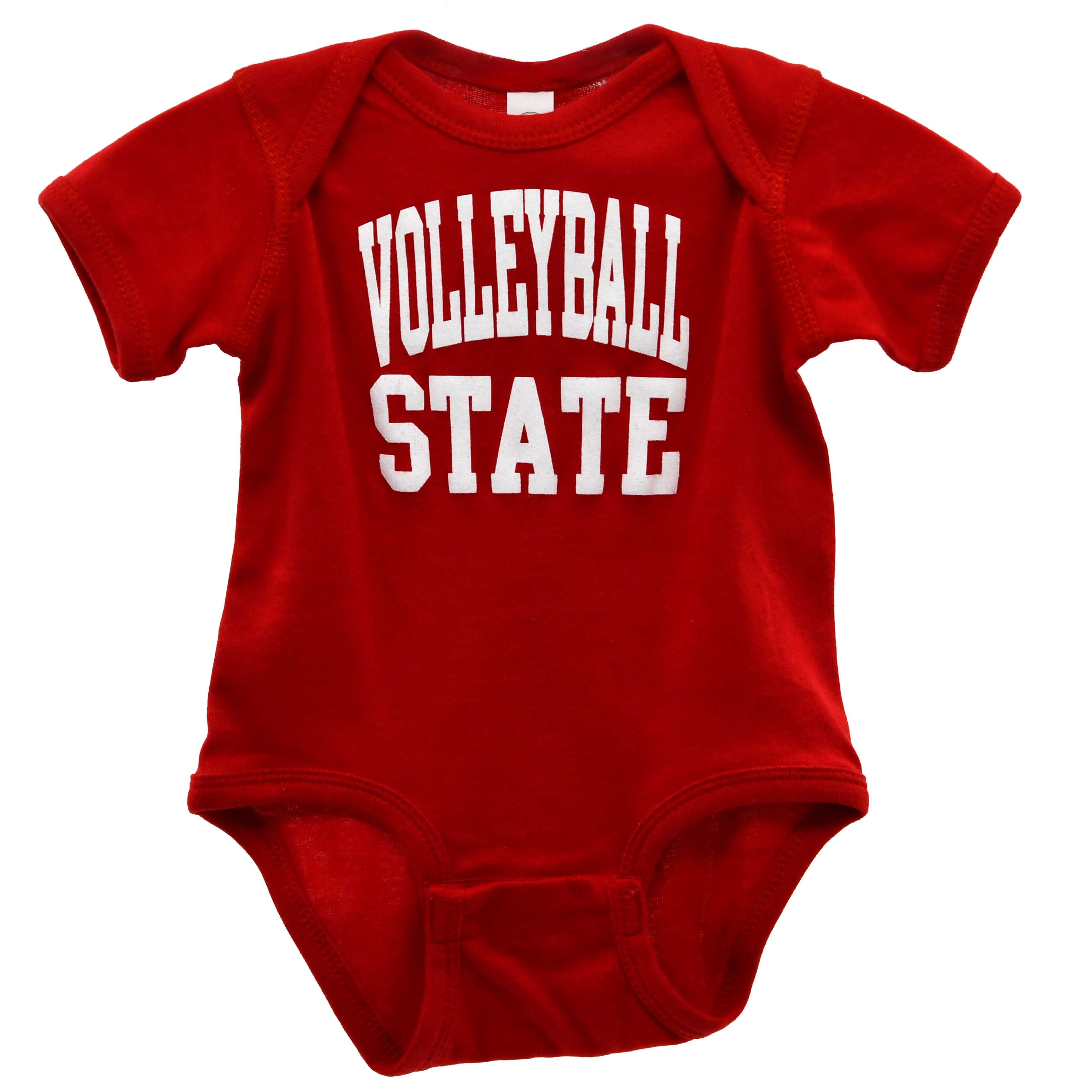 Red baby onesie with 'Volleyball State' text on a white background