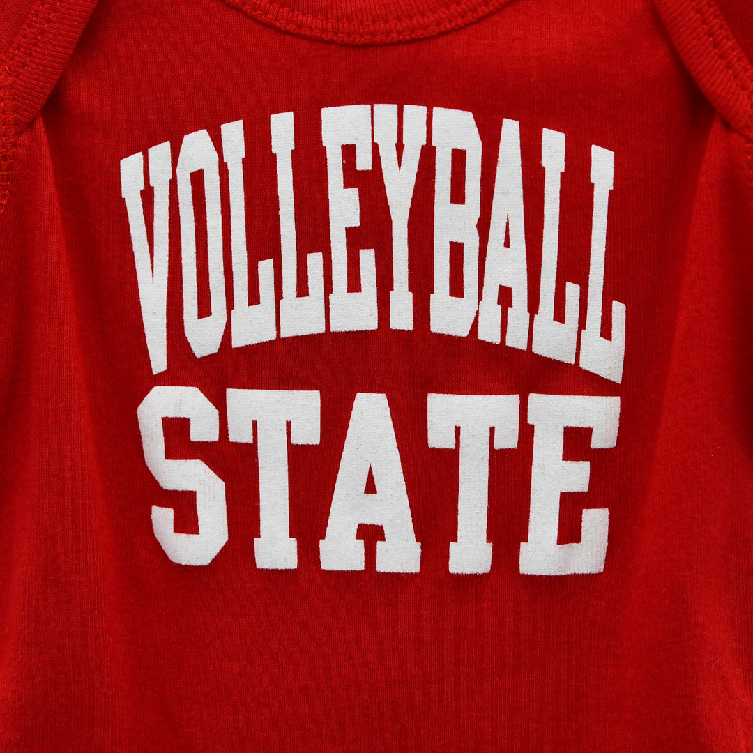 Red baby onesie with 'VOLLEYBALL STATE' printed in white text