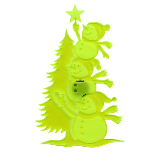 A bright neon yellow-green Christmas-themed decorative cutout featuring stacked snowmen, a Christmas tree, and a star on a plain white background.