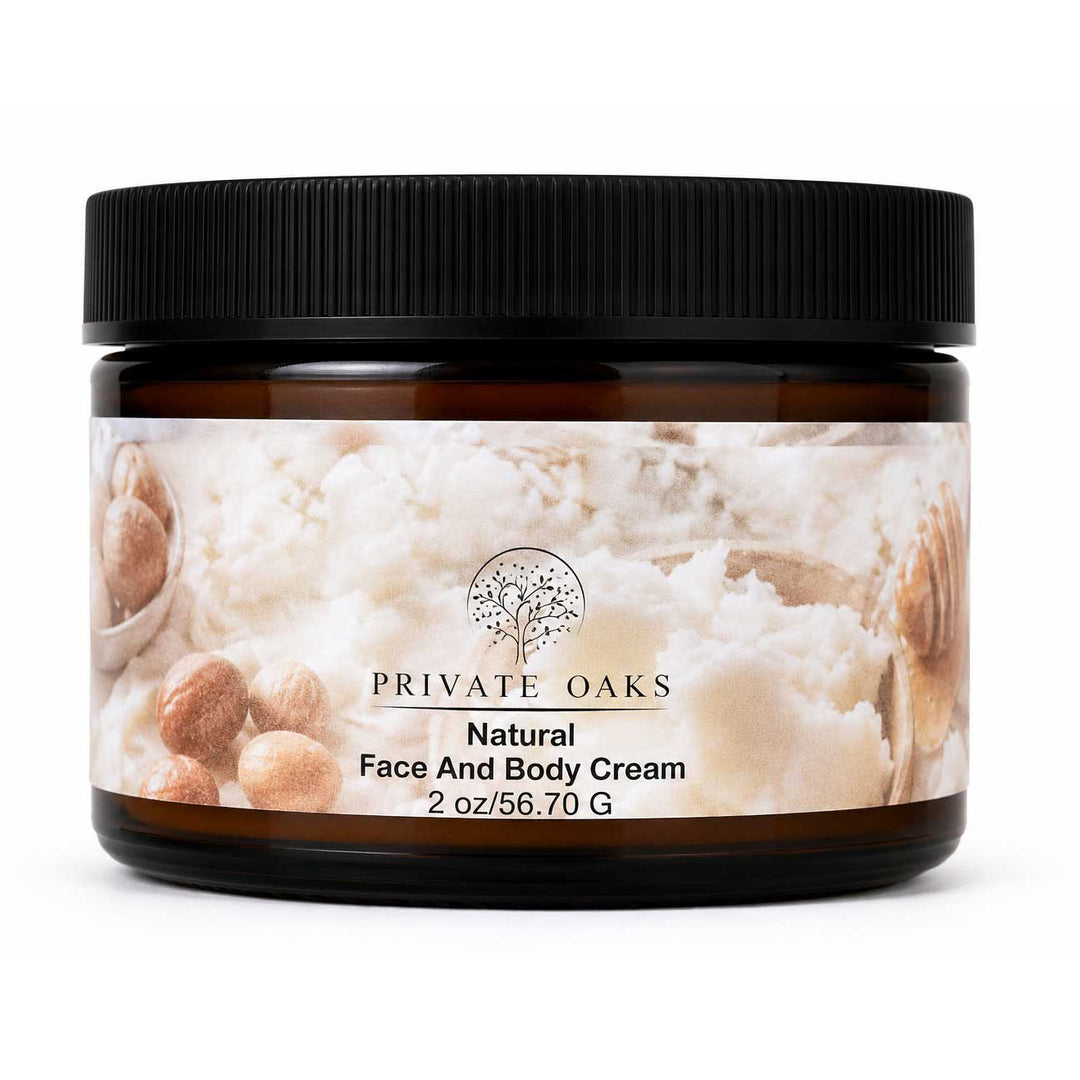 A jar of Private Oaks Natural Face And Body Cream, 2 oz (56.70 G), featuring a black ribbed lid and an amber glass jar with a cream-colored label showing botanical and nut illustrations.