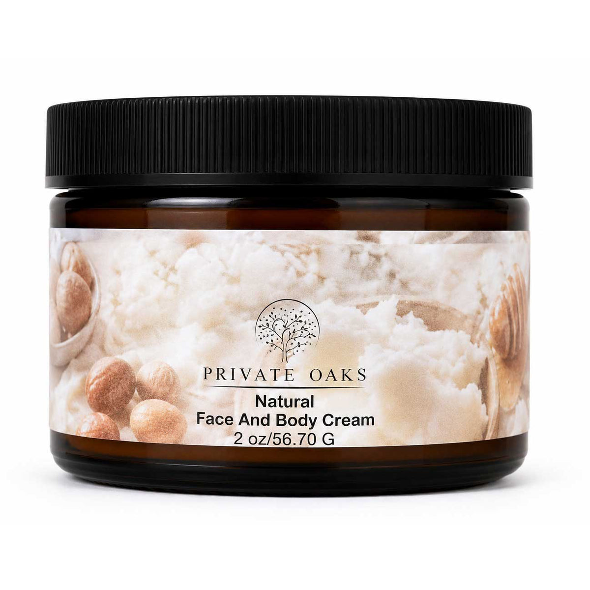 A jar of Private Oaks Natural Face And Body Cream, 2 oz (56.70 G), featuring a black ribbed lid and an amber glass jar with a cream-colored label showing botanical and nut illustrations.