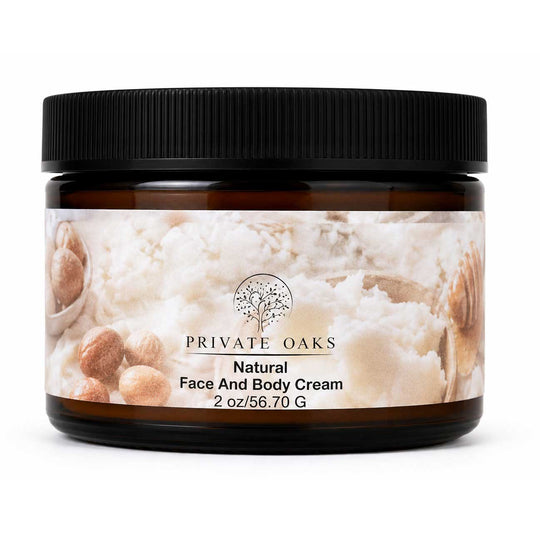 A jar of Private Oaks Natural Face And Body Cream, 2 oz (56.70 G), featuring a black ribbed lid and an amber glass jar with a cream-colored label showing botanical and nut illustrations.