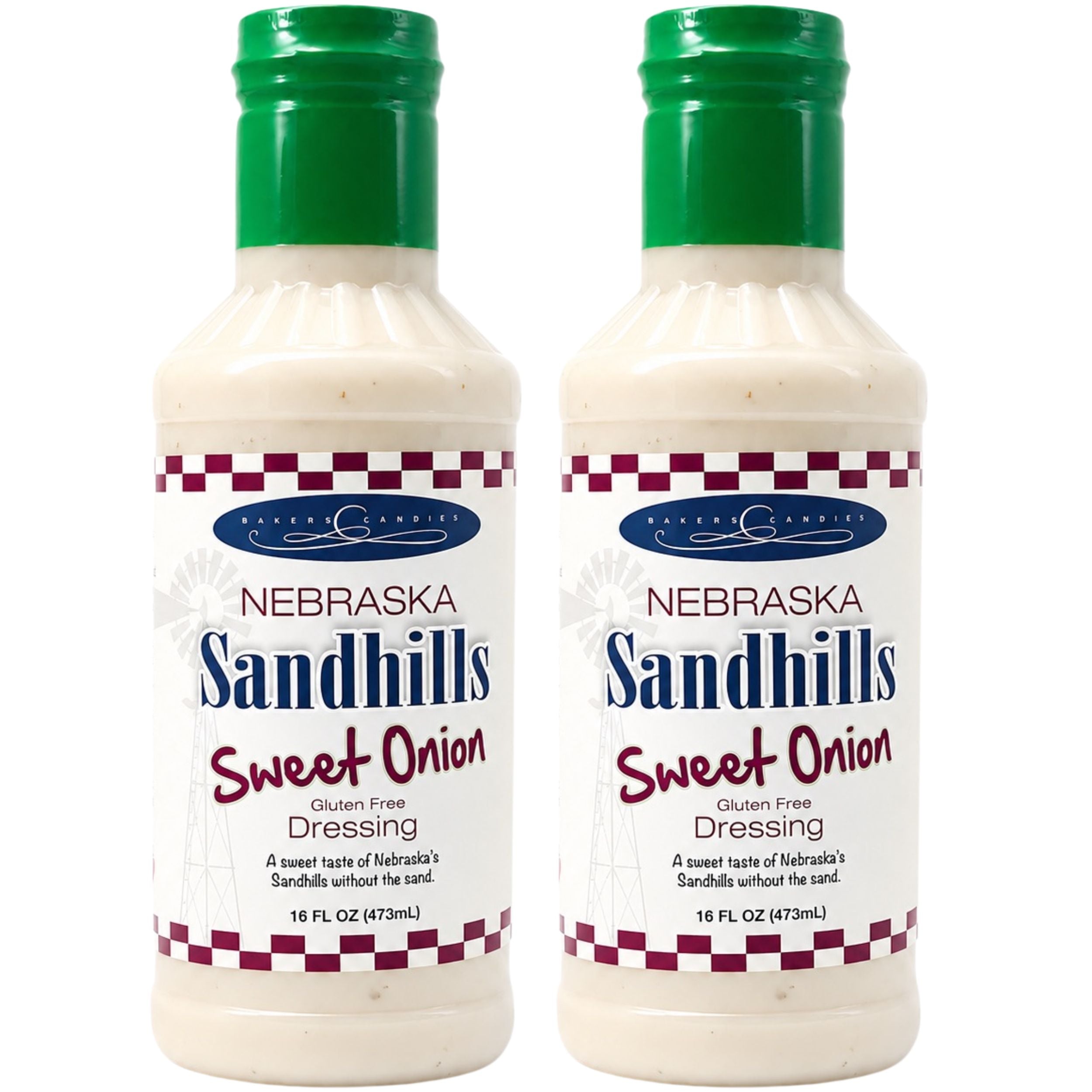Two bottles of Nebraska Sandhills Sweet Onion Dressing on a white background