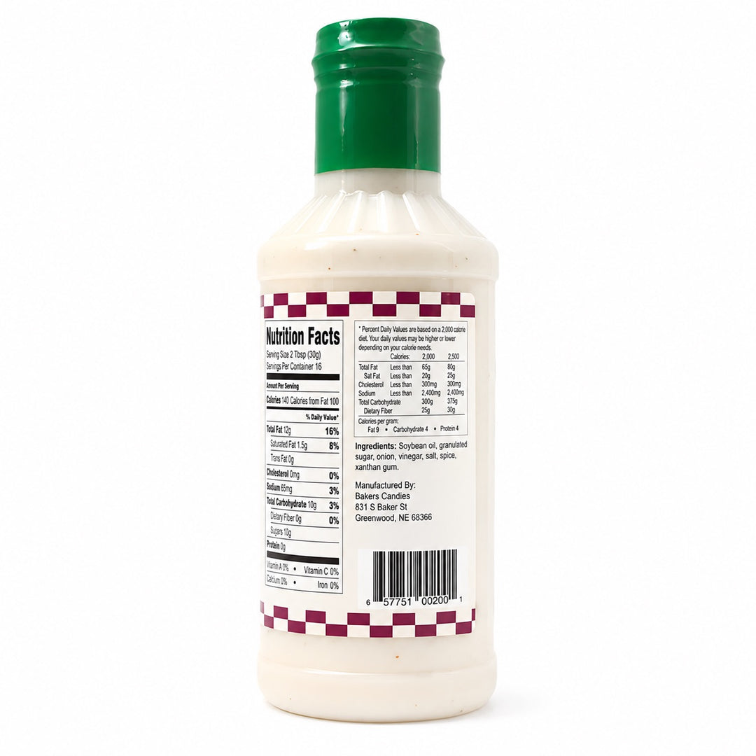 Baker's Candies 16oz Sandhills Sweet Onion Gluten Free Ranch Salad Dressing with Nutrition Facts Label.