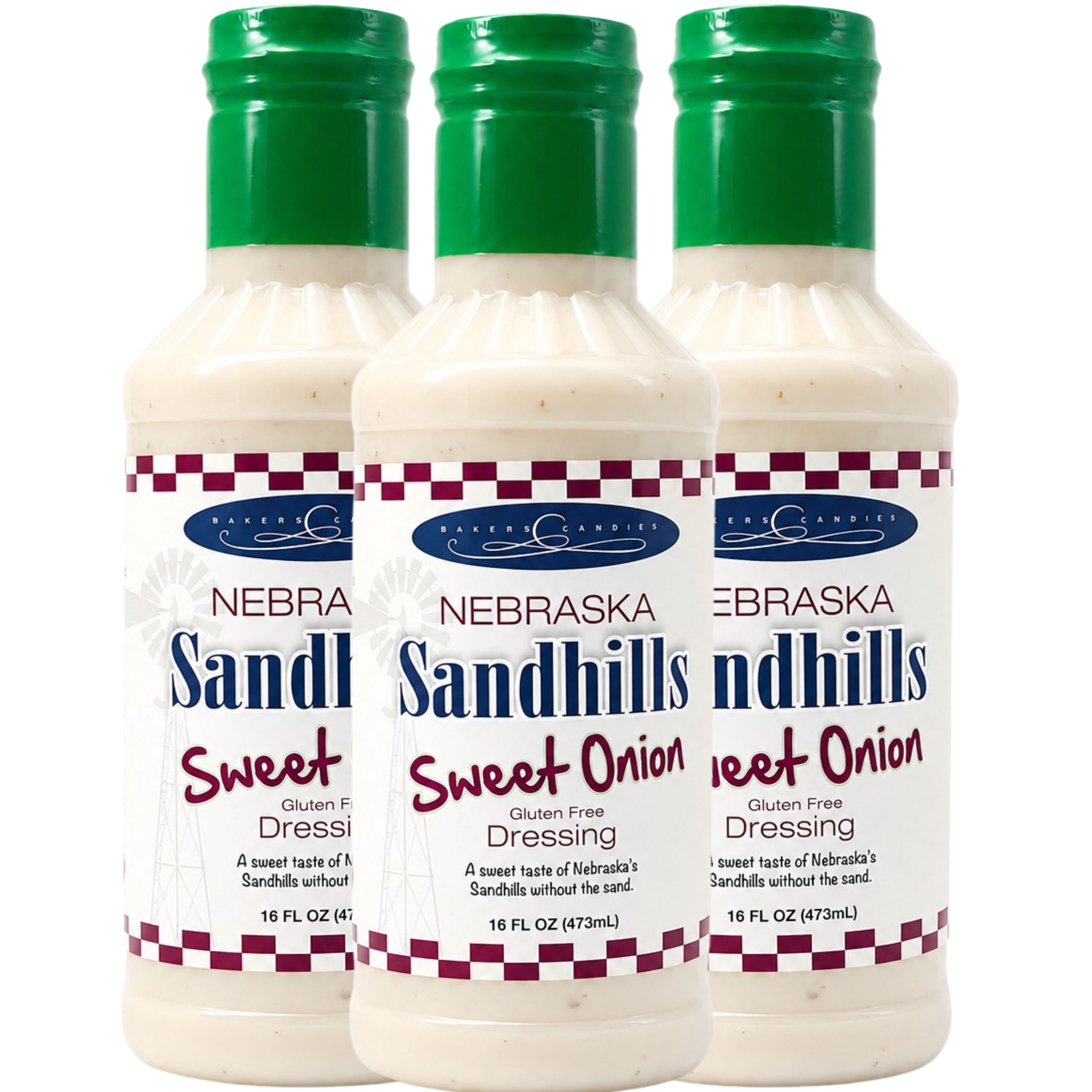 Three bottles of Nebraska Sandhills Sweet Onion dressing on a white background
