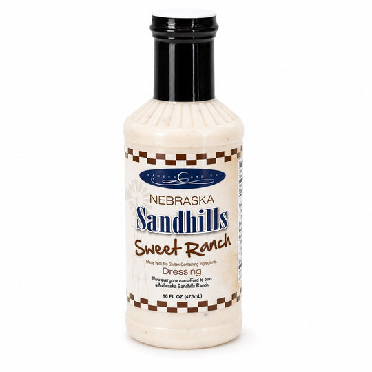 A bottle of Nebraska Sandhills Sweet Ranch Dressing by Baker's Candies.