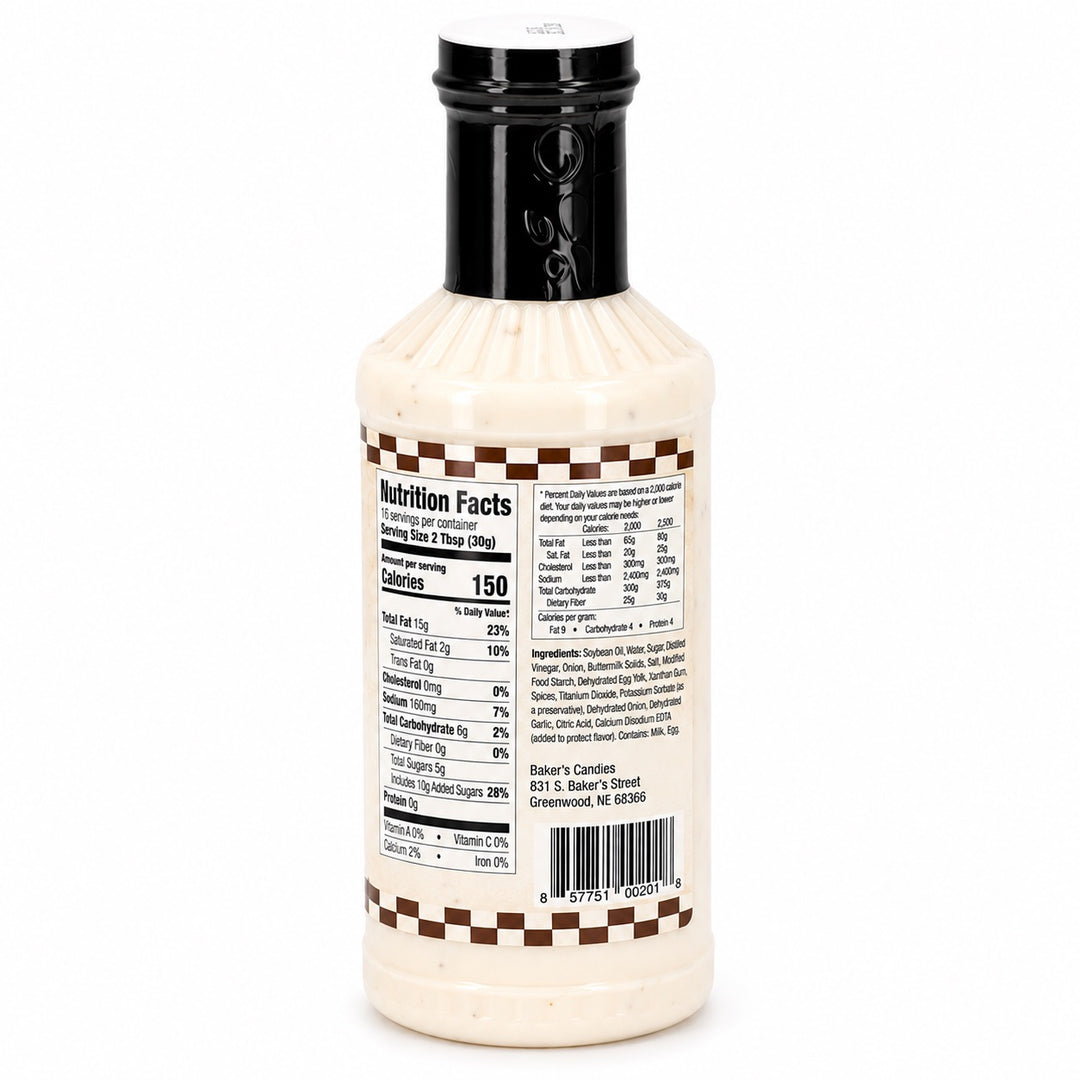 Back of a bottle of Nebraska Sandhills Sweet Ranch Dressing by Baker's Candies showing the nutrition label and ingredients list