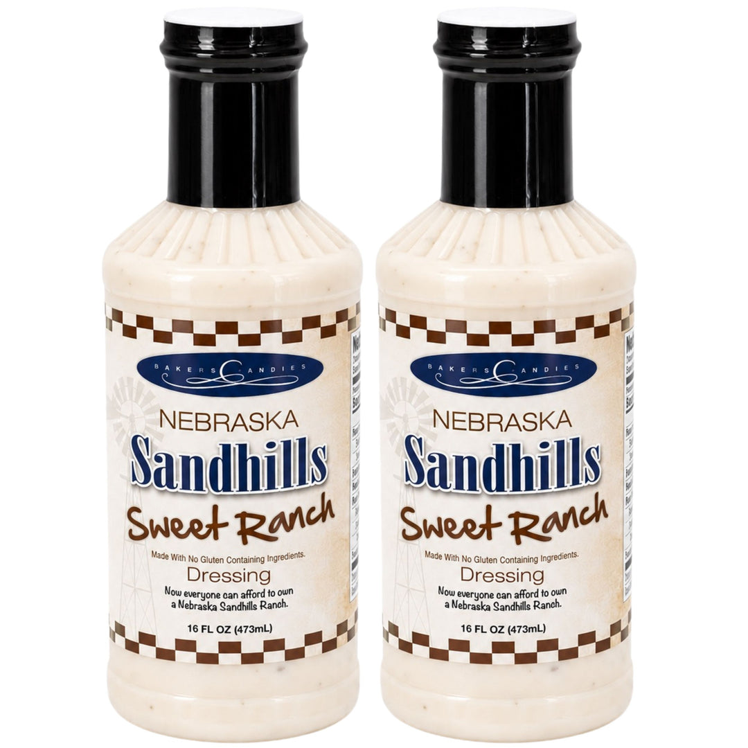 Two bottles of Nebraska Sandhills Sweet Ranch dressing on a white background