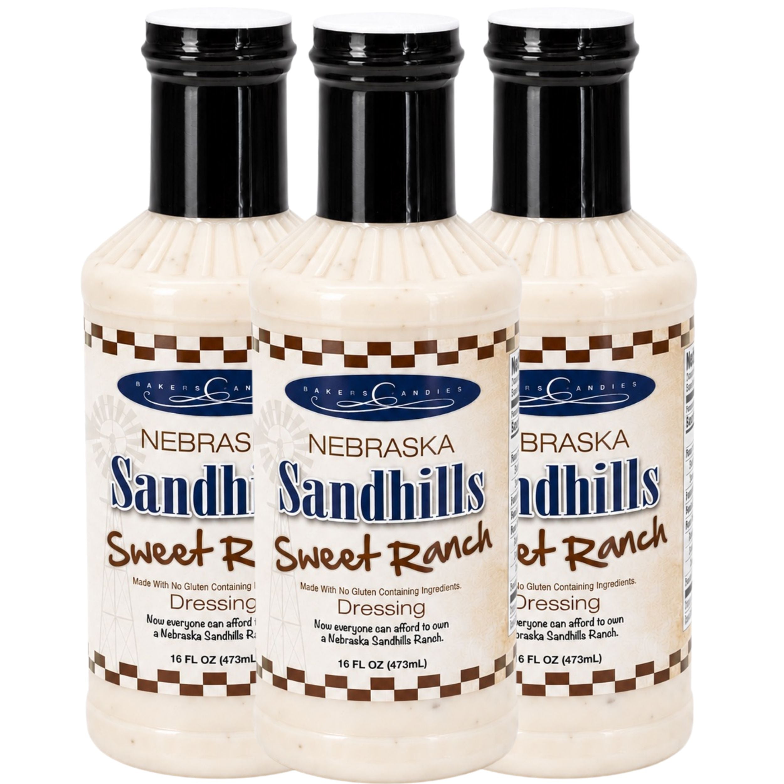Three bottles of Nebraska Sandhills Sweet Ranch dressing on a white background