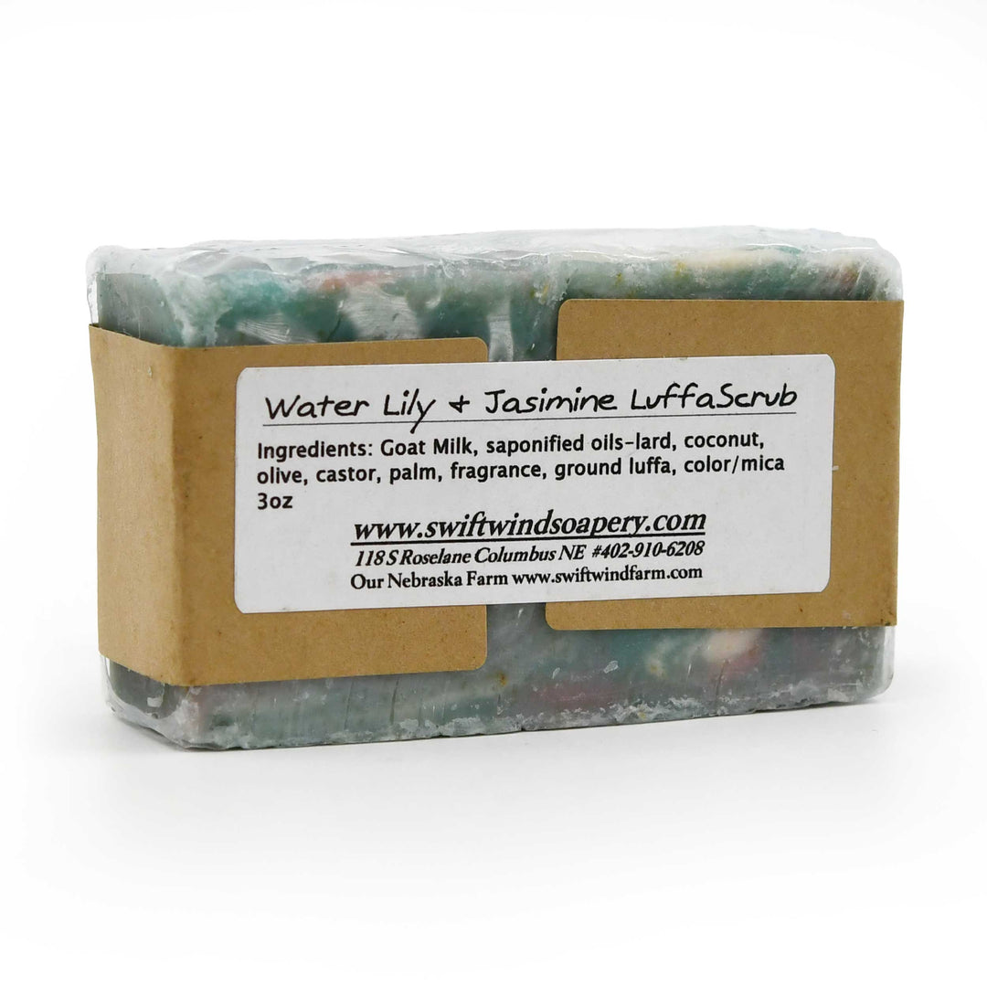 Bar of soap with a label on a white background