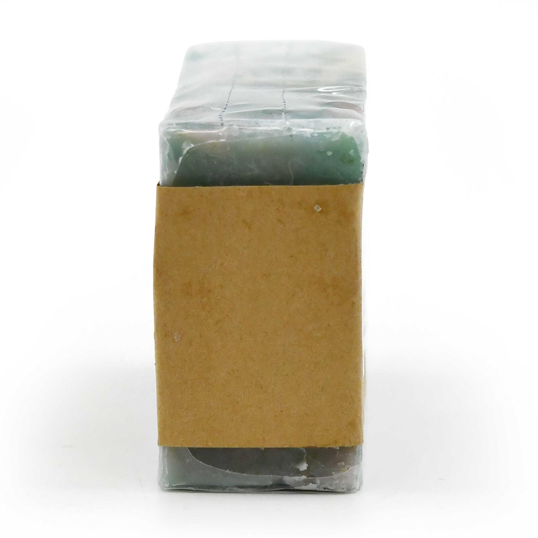 Packaged soap with a brown label on a white background