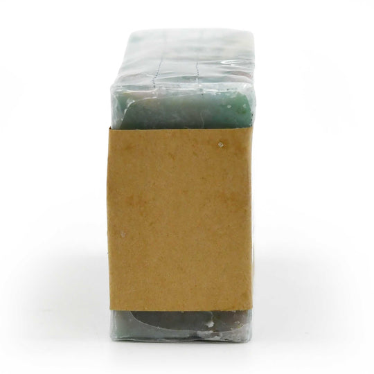 Packaged soap with a brown label on a white background