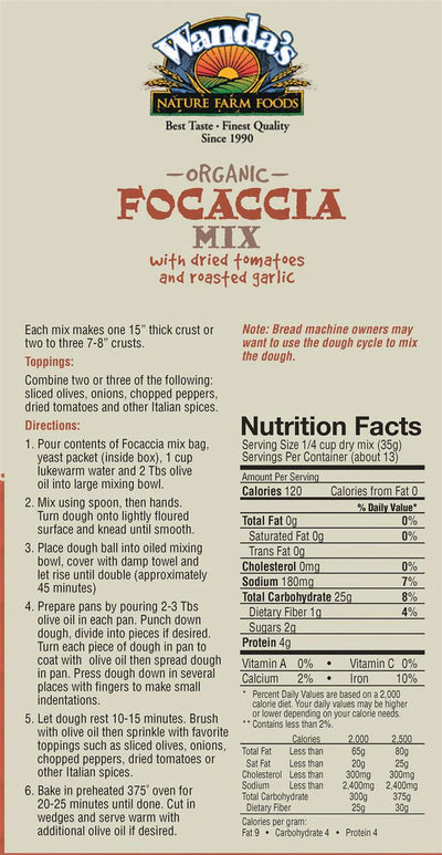 Back angle of Wanda's Organic Focaccia Mix with ingredients and instructions listed.