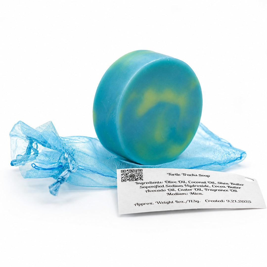 Blue and green soap bar with a label on a white background