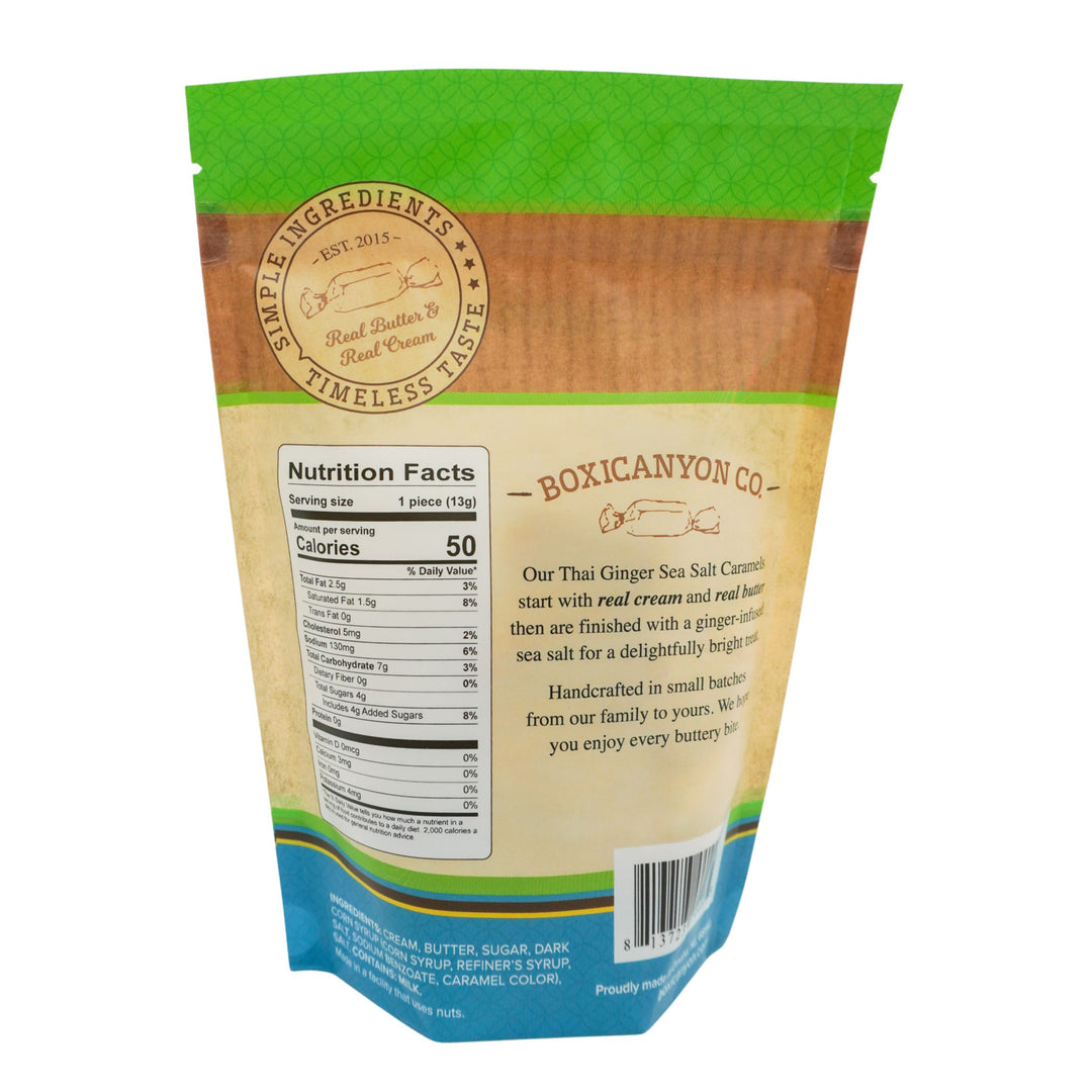 Back view of a food packaging with branding and nutritional information.