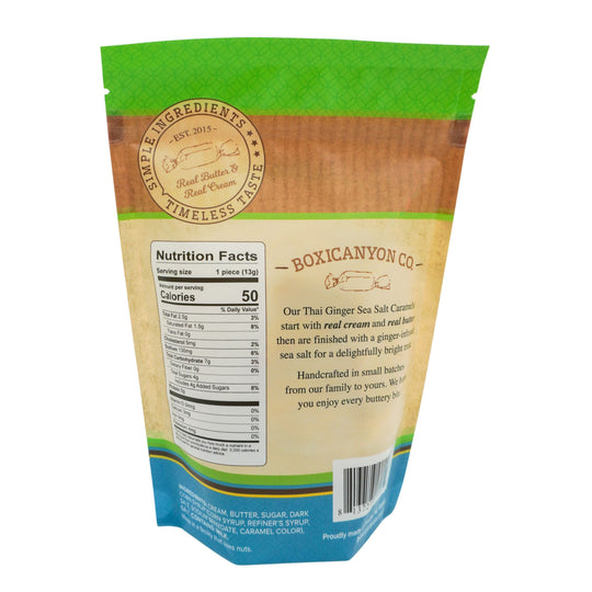 Back view of a food packaging with branding and nutritional information.