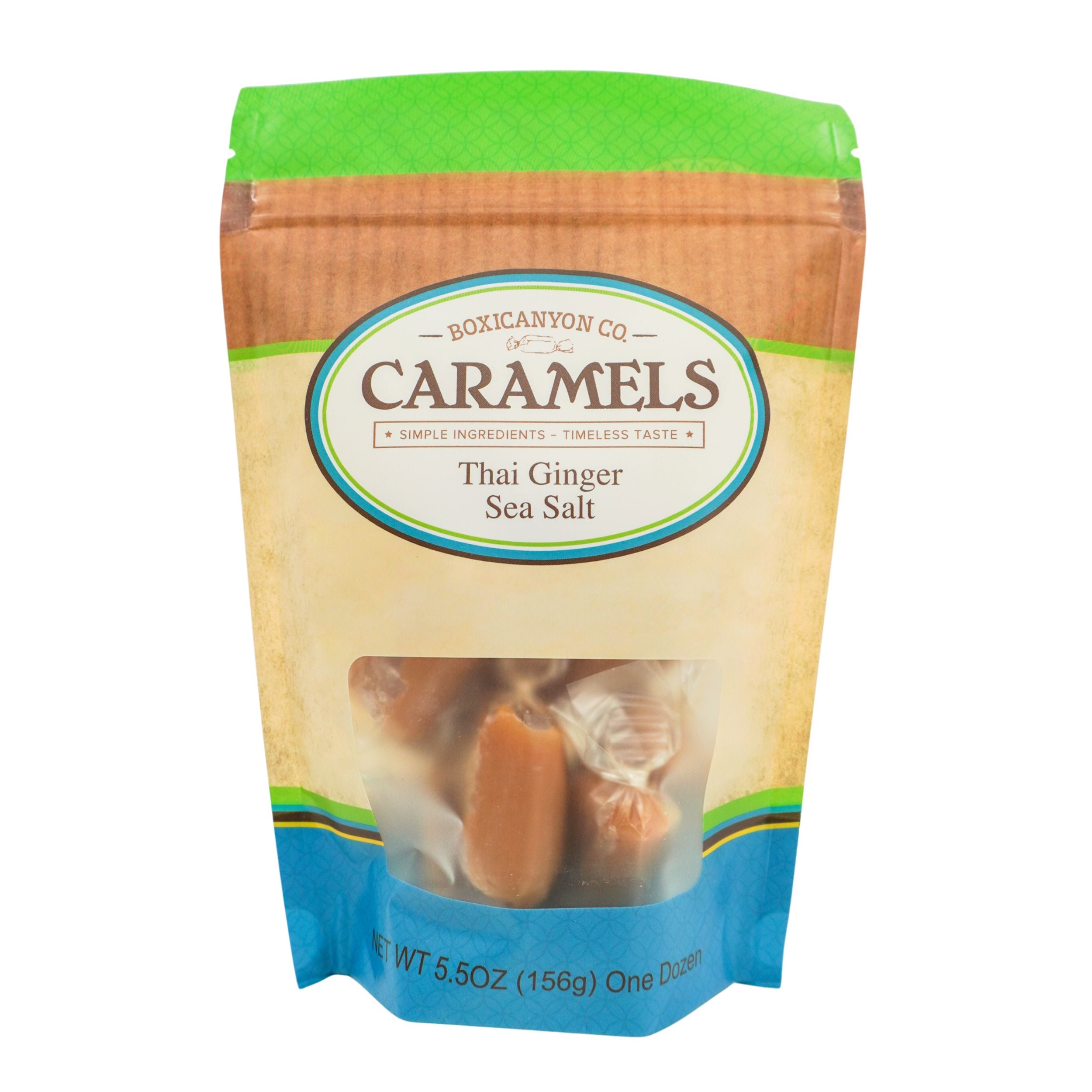Packaged caramels with Thai Ginger Sea Salt flavor on a white background