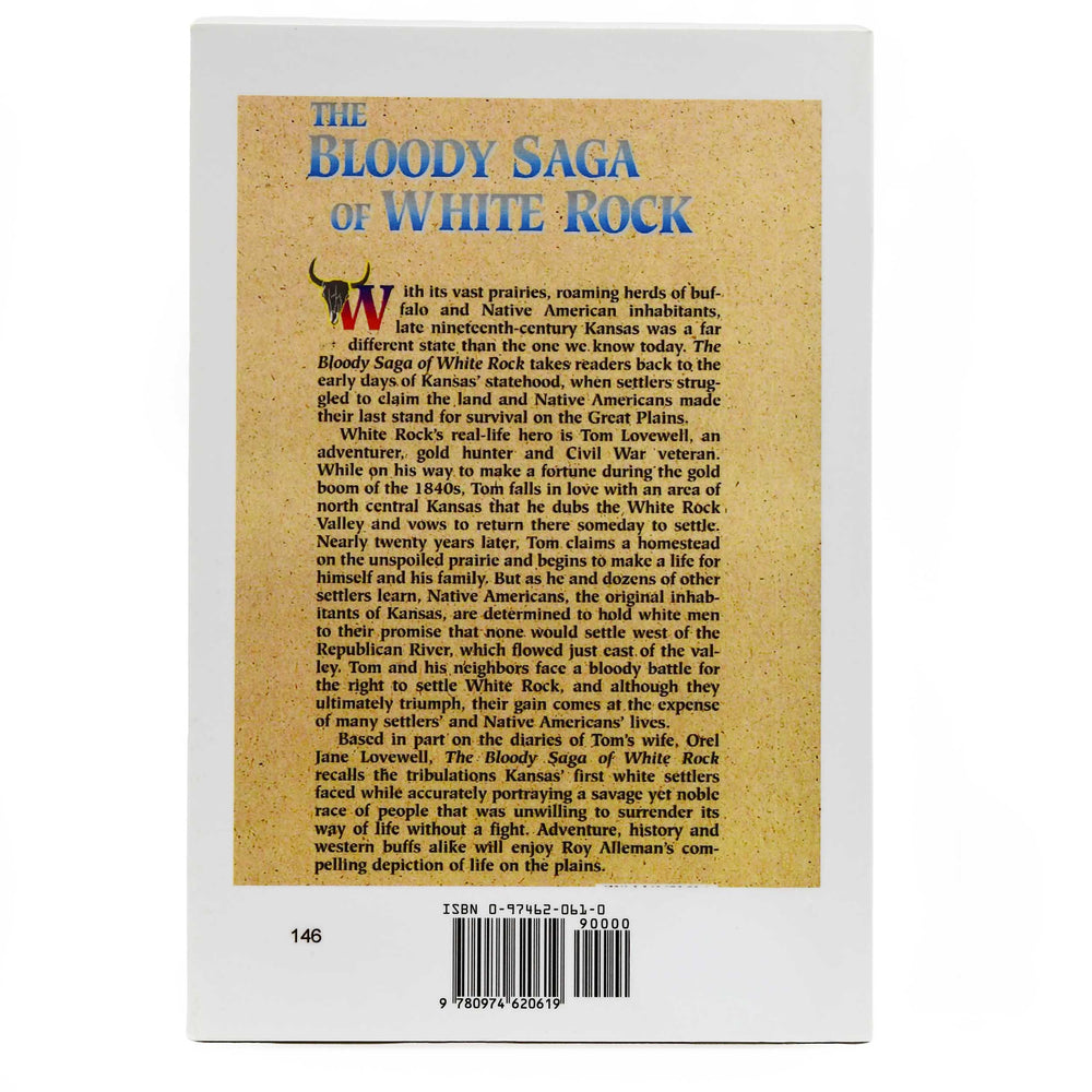 Book cover with text about 'The Bloody Saga of White Rock' on a white background