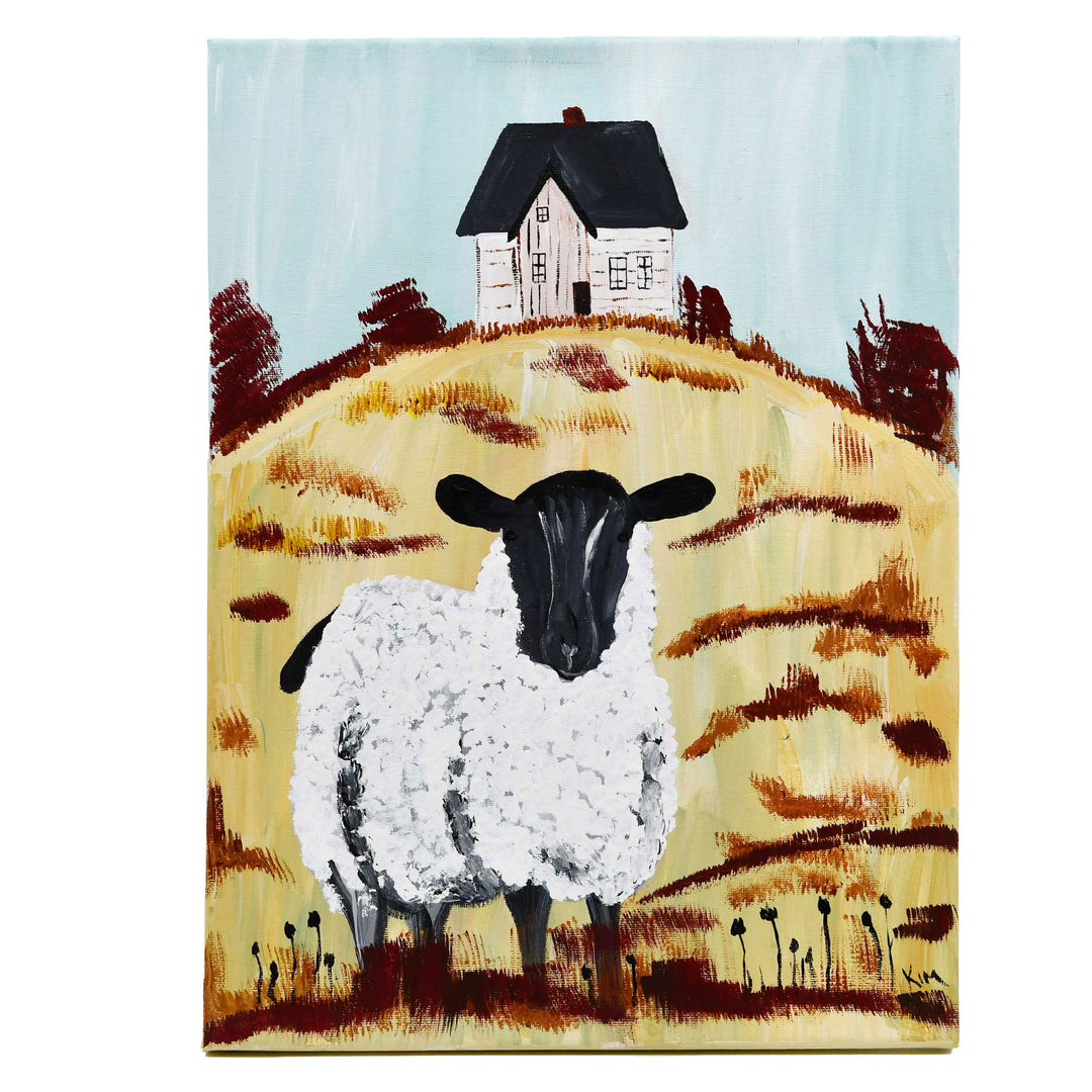 Painting of a sheep in a field with a house in the background