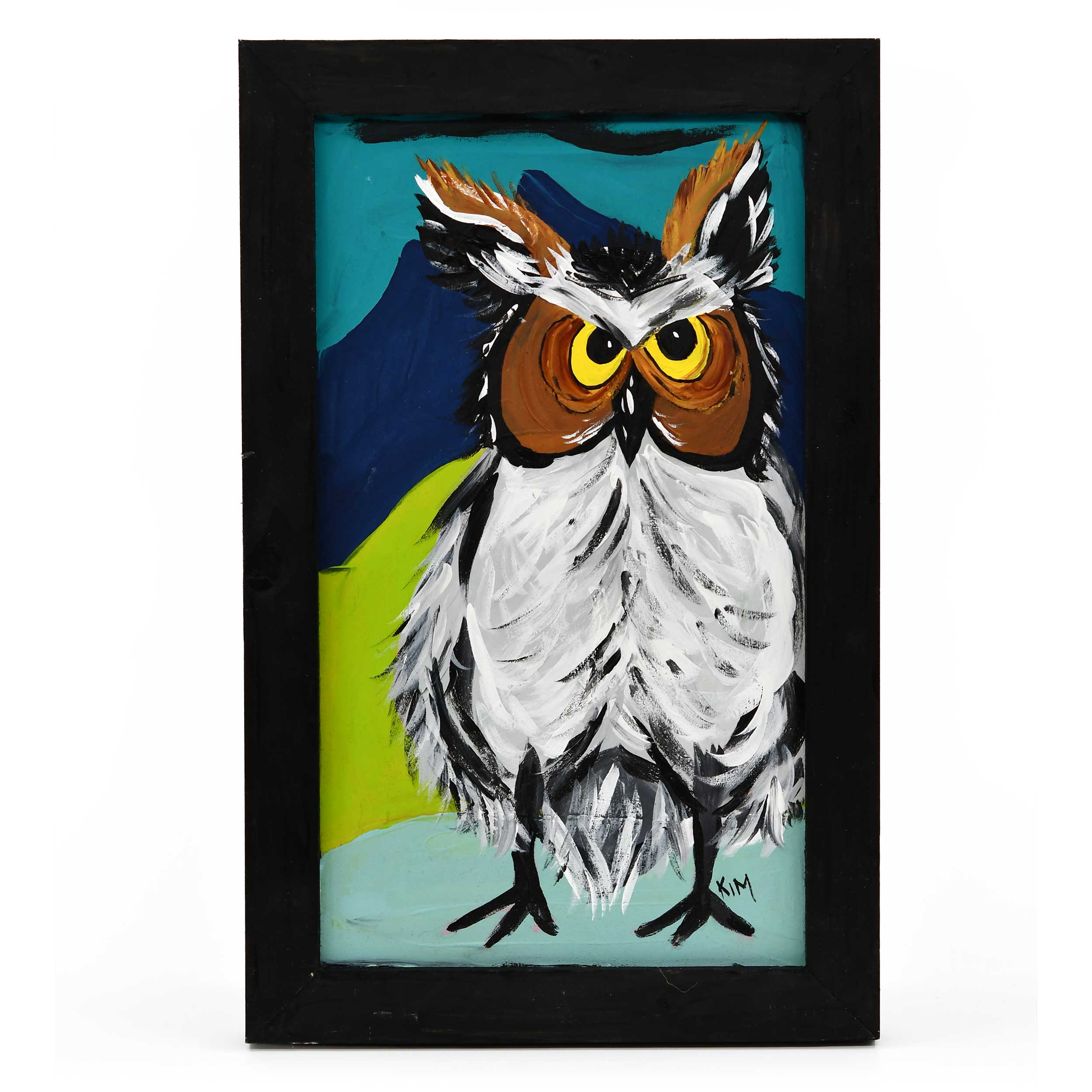 Painting of an owl with a colorful background in a black frame