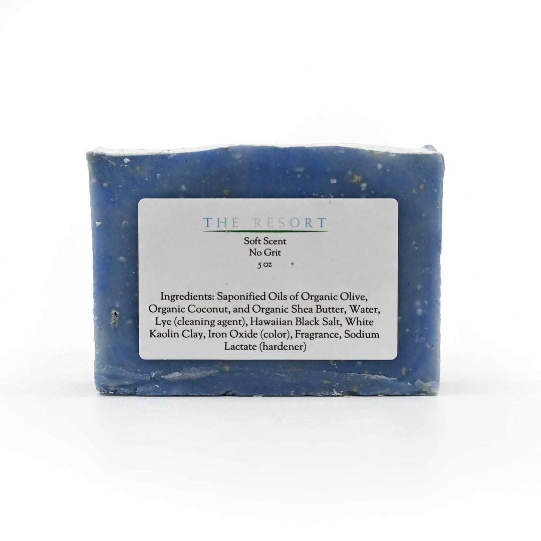 Blue soap bar with a label on a white background