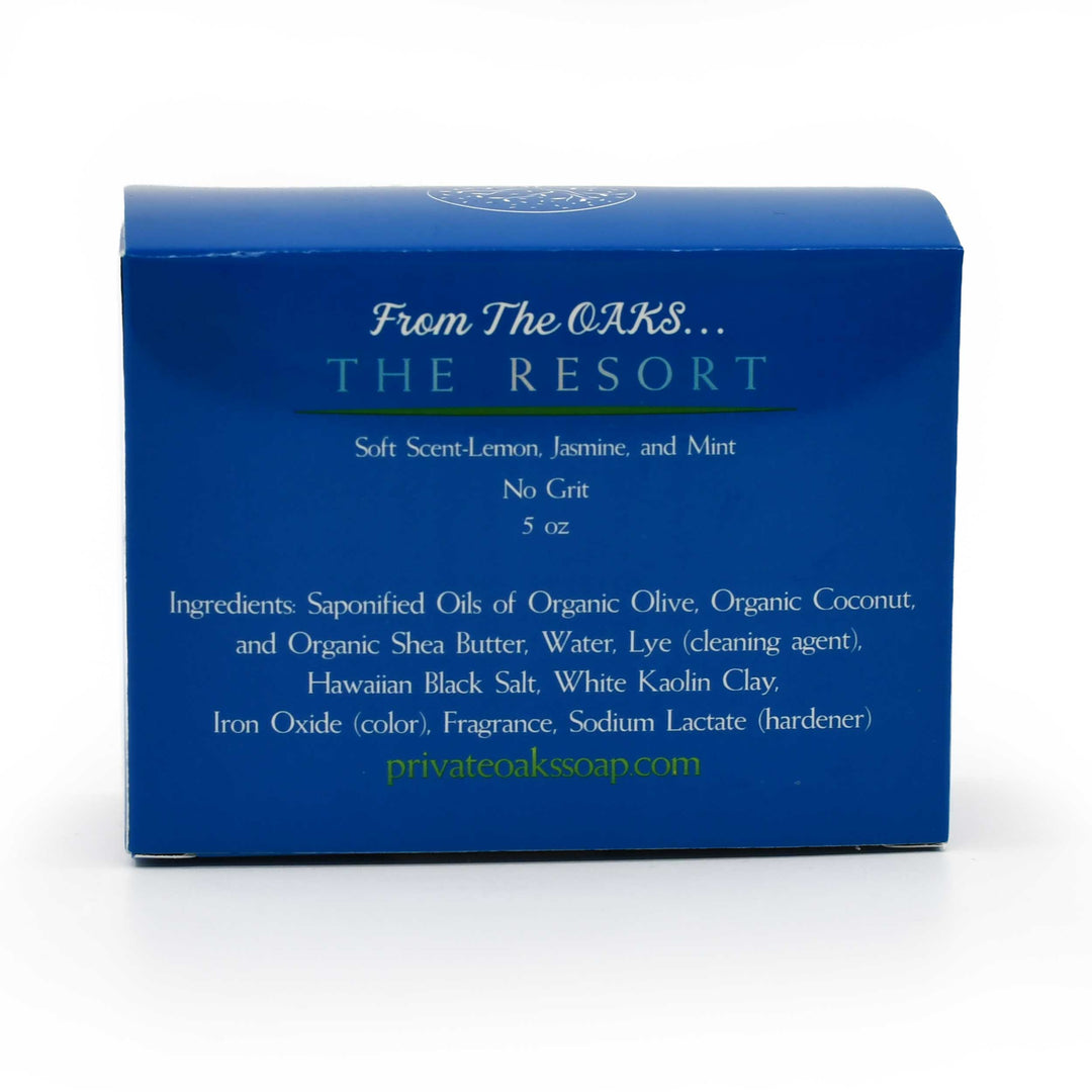 Blue soap packaging with text on a white background