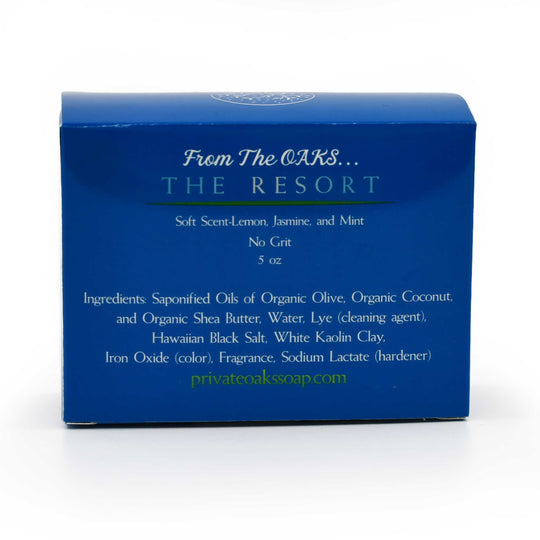 Blue soap packaging with text on a white background
