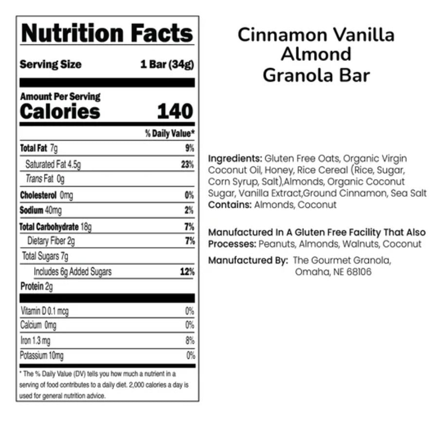 Cinnamon Vanilla Almond Granola Bar Nutritional
