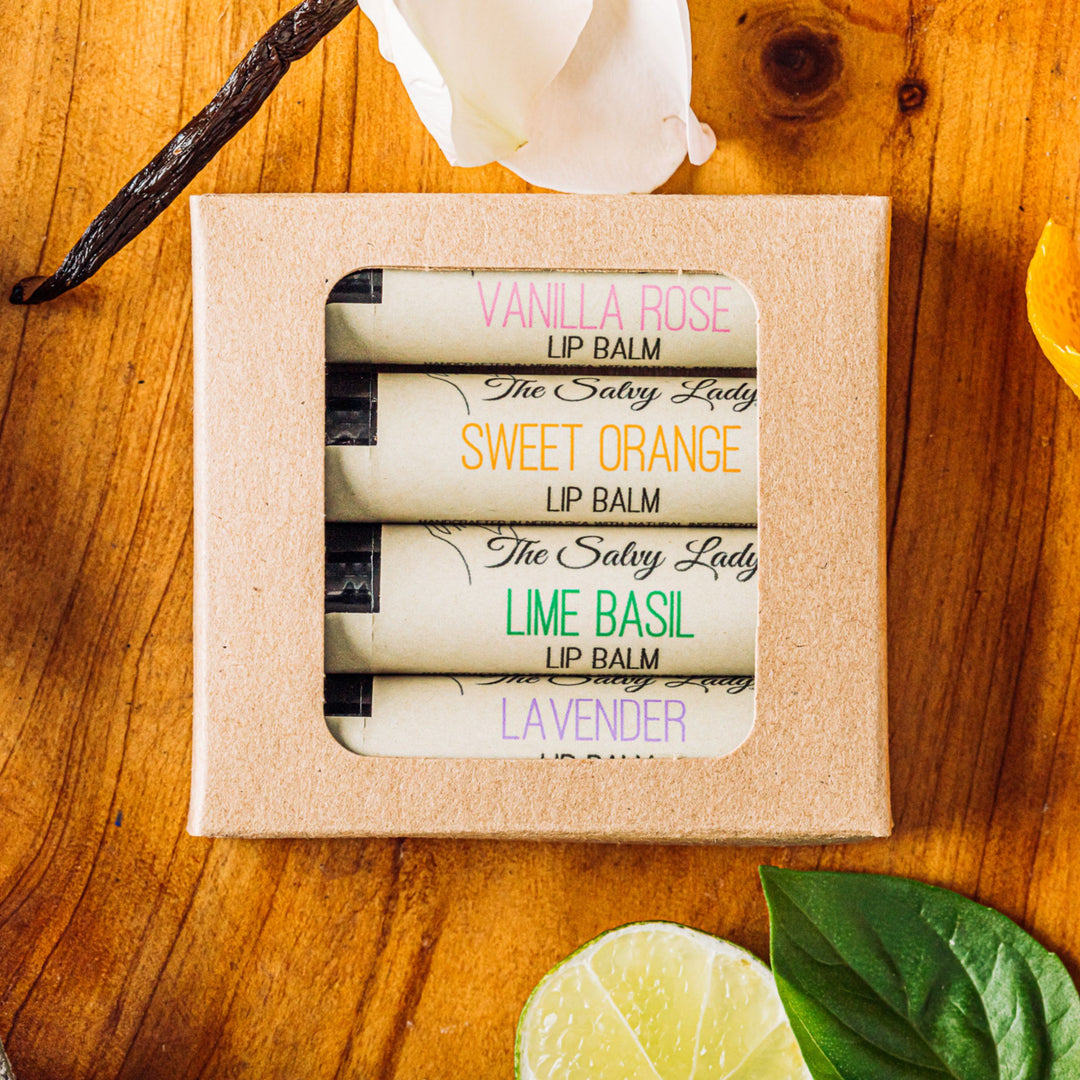 Lip Balm Set | Pack of 4 | Sweet Orange, Vanilla Rose, Lime Basil, And Lavender Scents | The Salvy Lady