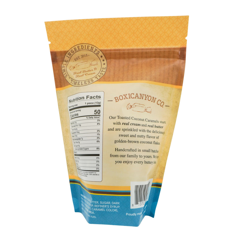 Boxicanyon Co. caramel package with nutritional information on a white background