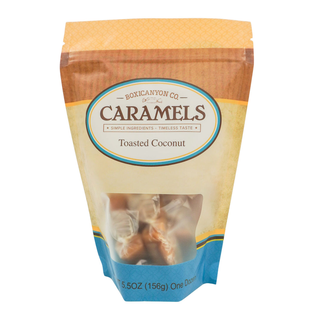 Packaged toasted coconut caramels with Box Canyon Co branding on a white background