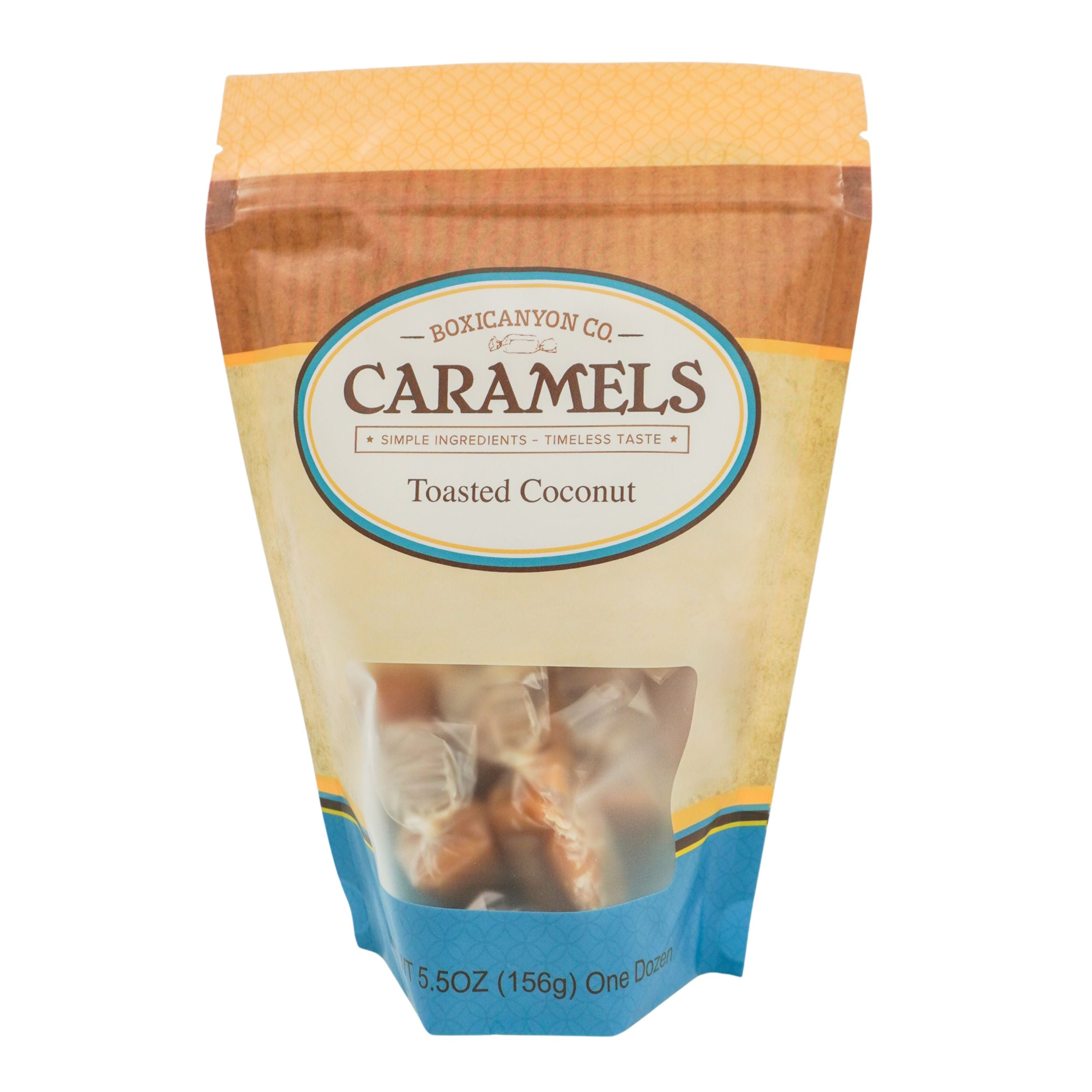 Packaged toasted coconut caramels with Box Canyon Co branding on a white background