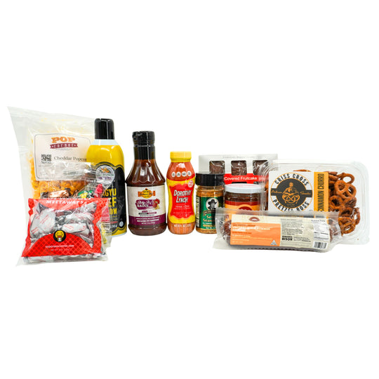 Assorted food products including sauces, snacks, and pretzels on a white background