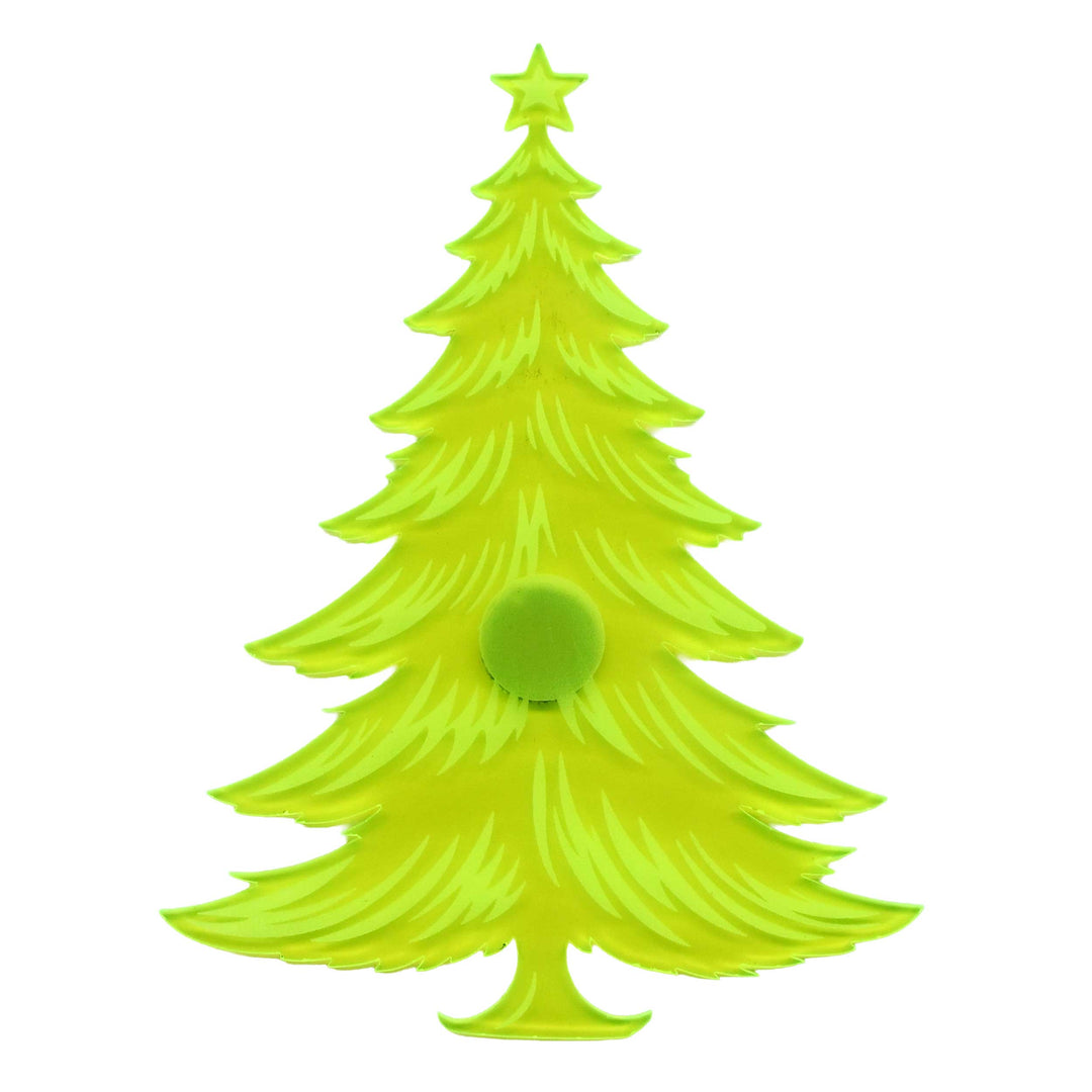 A bright lime green Christmas tree-shaped fidget spinner with a star on top and a circular center, isolated on a white background.