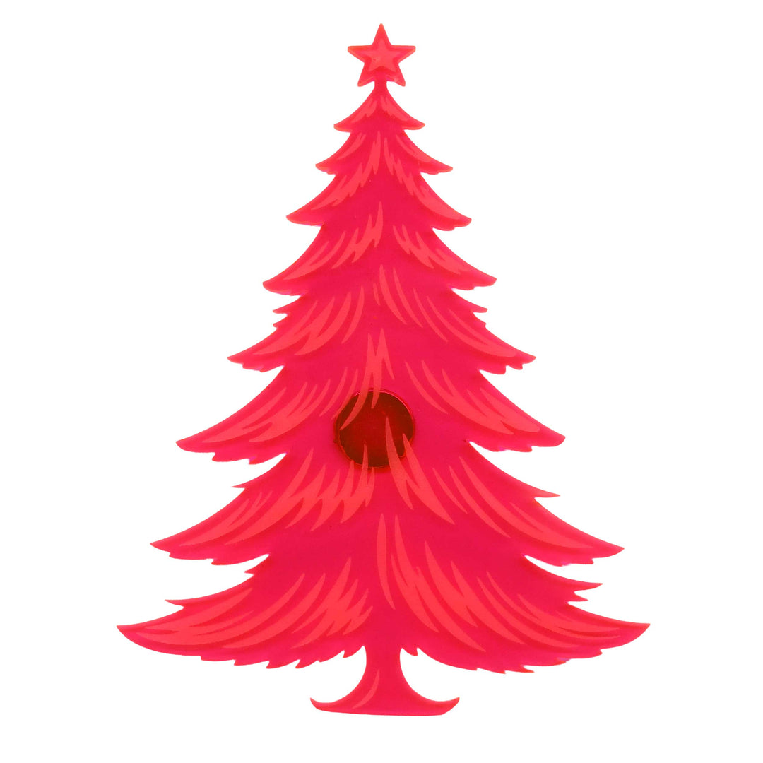 A stylized red Christmas tree silhouette with layered branches and a star on top, centered on a plain white background.