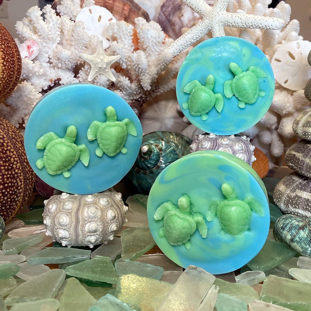 Three blue and green turtle-themed soaps on a background of seashells and coral.