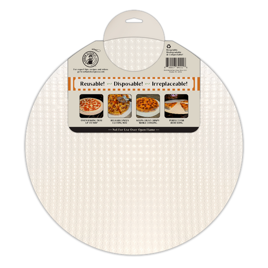 Round silicone baking mat with packaging on a white background