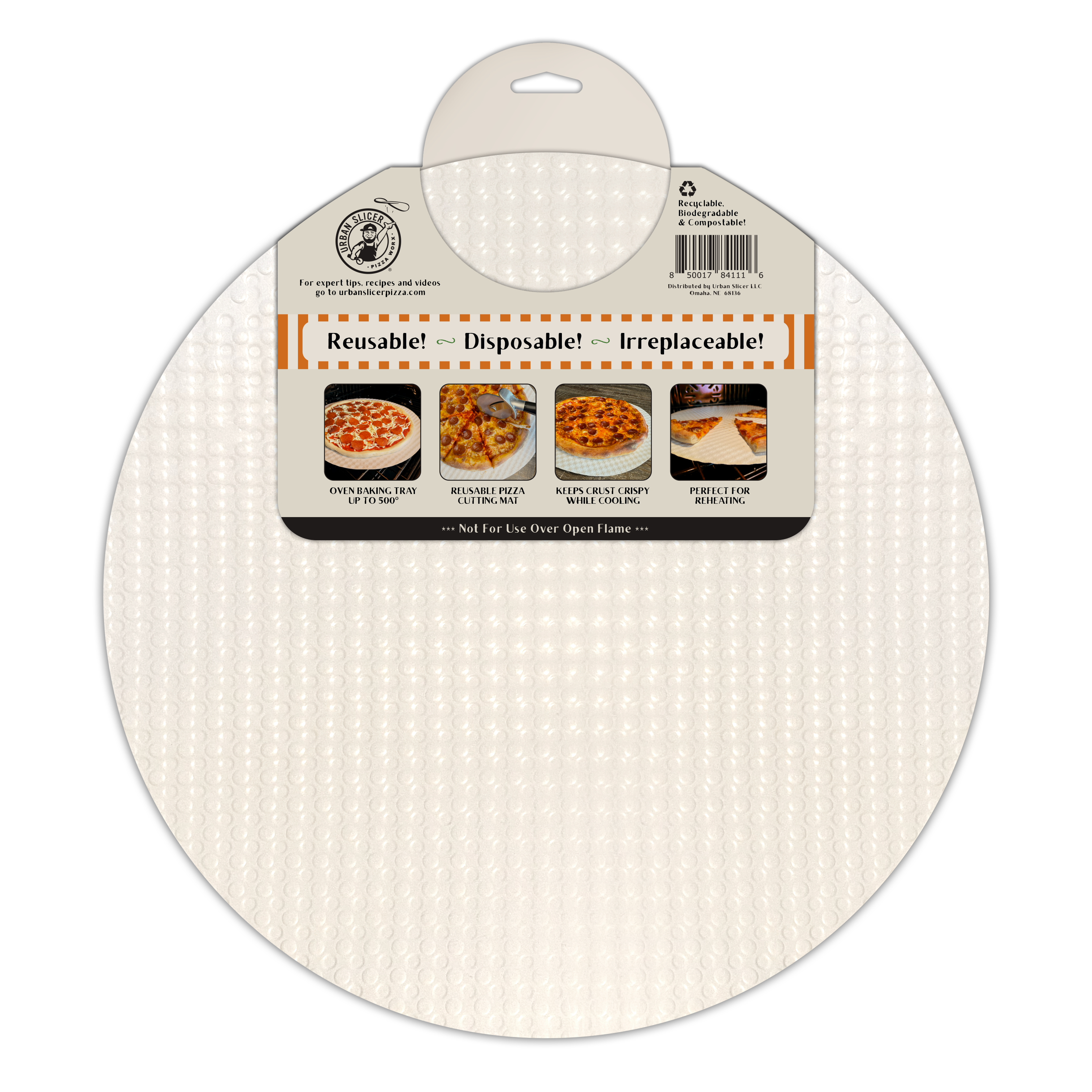 Round silicone baking mat with packaging on a white background
