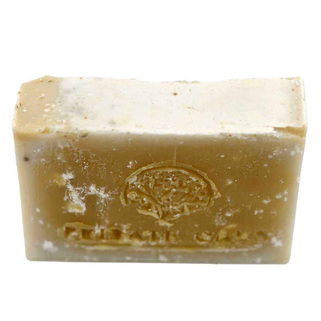 Bar of soap with a brand logo on a white background