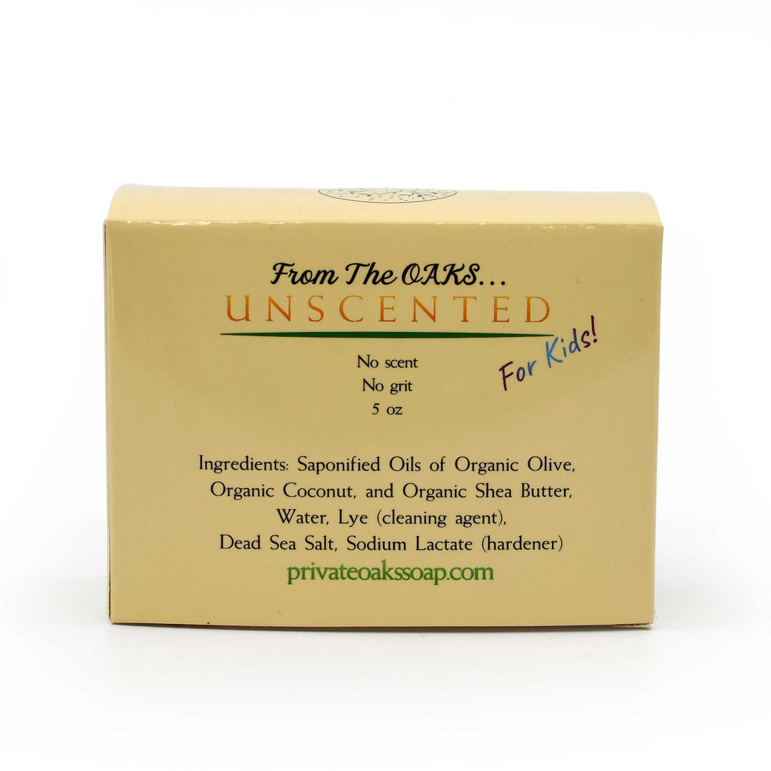 Unscented soap bar packaging with text on a white background