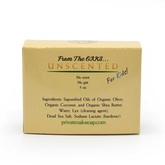 Unscented soap bar packaging with text on a white background
