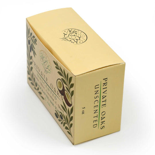 Gold box of Private Oaks unscented soap on a white background