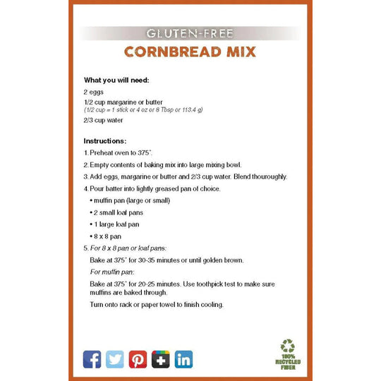 Gluten Free Cornbread Mix | Sweet Corn Flavor | Moist Cornbread | Makes Loaf or Muffins | Certified Gluten Free Facility | 2015